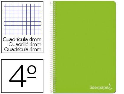 Cuaderno espiral Liderpapel Witty 4º tapa dura 80h 75g c/4mm. color verde